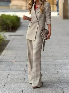 Women's Plaid Suit Set, Slim Fit Jacket and Wide Leg Pants, Office Fashion Thin Material, Stylish 2 Piece Women Suits