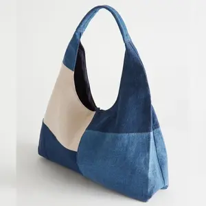 Stylish Women's Denim Tote Bag with Large Capacity - Patchwork Design