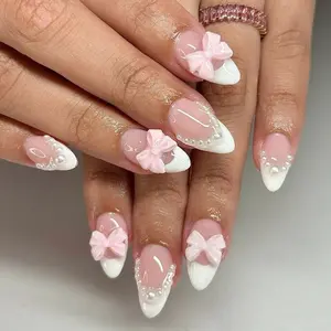 24pcs Short Round Almond Bow Pearl Press-On False Nails, Reusable Wearable Armor, Easy to Apply, Durable, Party & Creative Nail Art