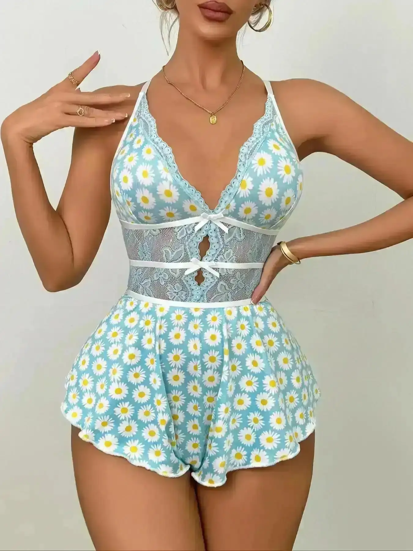 Casual Women's Daisy Lace Cut Out Romper, Sheer Lingerie One-Piece for Indoor Lounge, Summer Comfort Outfit Womenswear Polyester, Coord Set, Stretchy Relaxed Lightweight Breathable Soft Fabric Daily Comfort Fit Essential