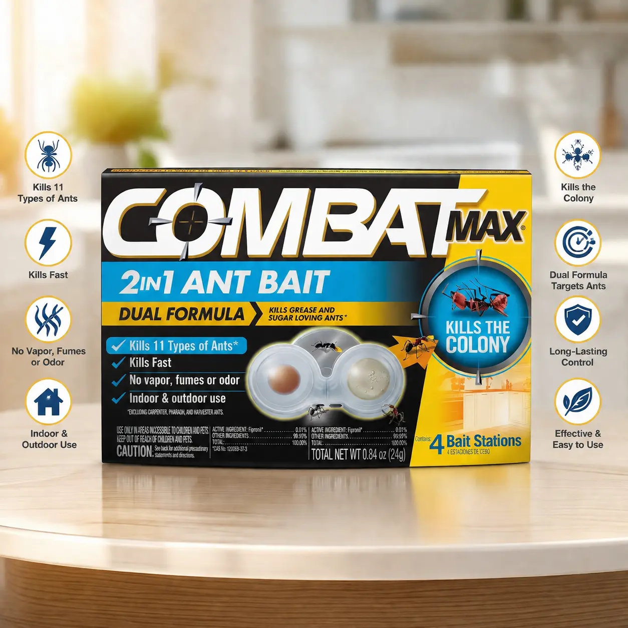 Combat Max 2-in-1 Ant Bait Station Pack, 4-Count German Cockroach Gel Insecticide