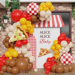 Pizza Balloon Garland Arch Kit 140 count Red Yellow Brown Sand White Balloons with Pizza and Red Checked Foil Balloons for Barbeque   Shower Slice Slice  Party Decorations