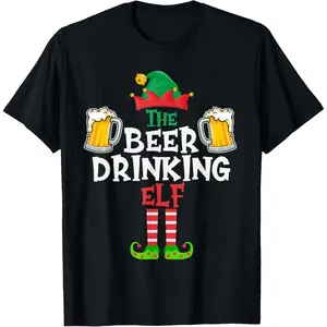 The Beer Drinking Elf, Funny Matching Family Group Christmas T-Shirt, 100% Cotton, Single Side Printed, Black Short Sleeve T-shirt, 1 pc, Christmas Halloween Thanksgiving Gift