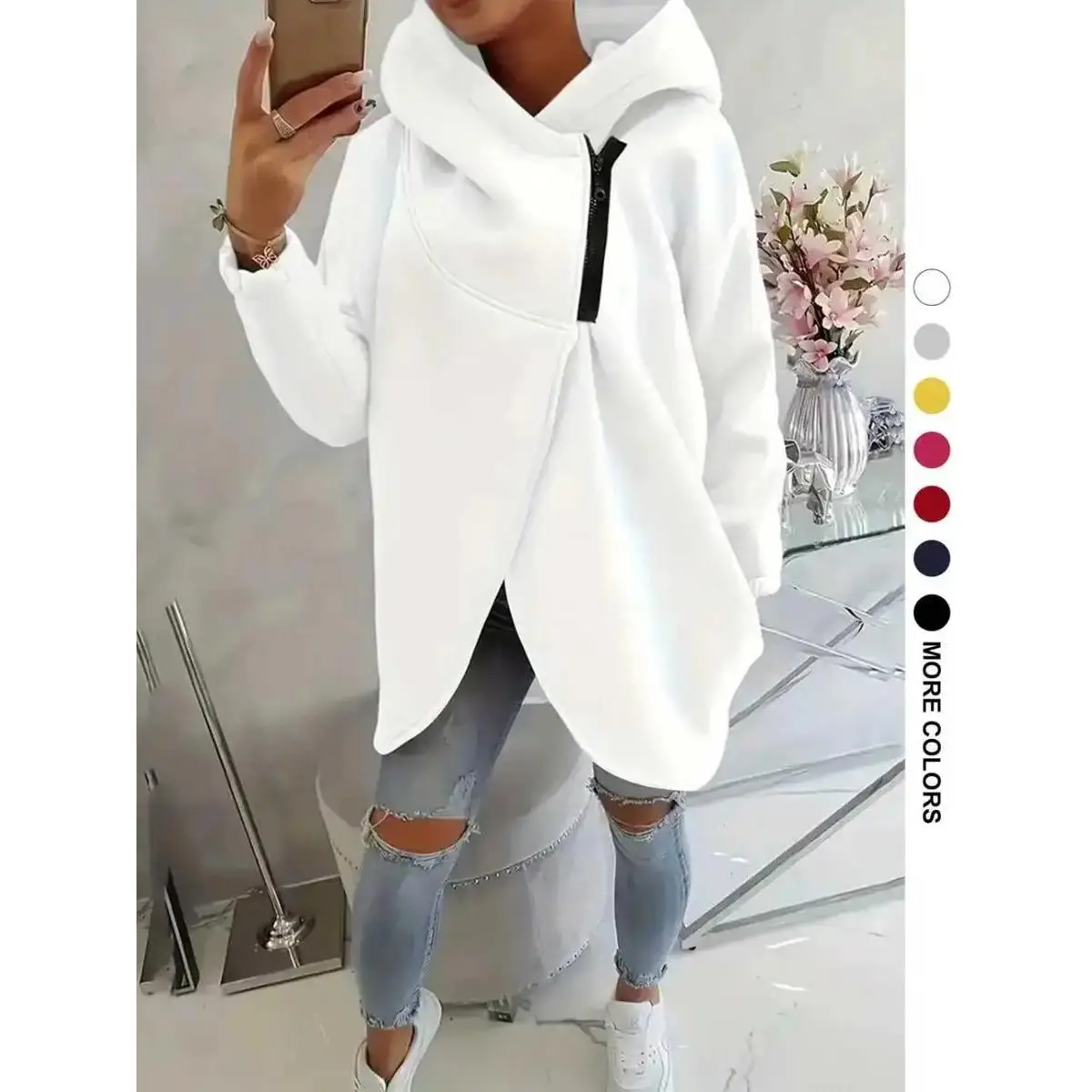 Women's Plus Size Lady Basic Baggy Oversize Long-Sleeve Hooded Pullover Top - Half-Zip Design, Asymmetrical Hem, Breathable Thick Fleece, Loose Fit Hoodie