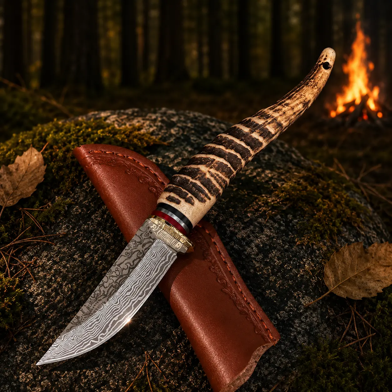 NorthForge Fixed Blade Hunting Knife with Deer Antler Handle - Premium Outdoor Camping Survival Supplies EDC Tool with Leather Sheath, Fixed Blade Knives for Outdoor Use