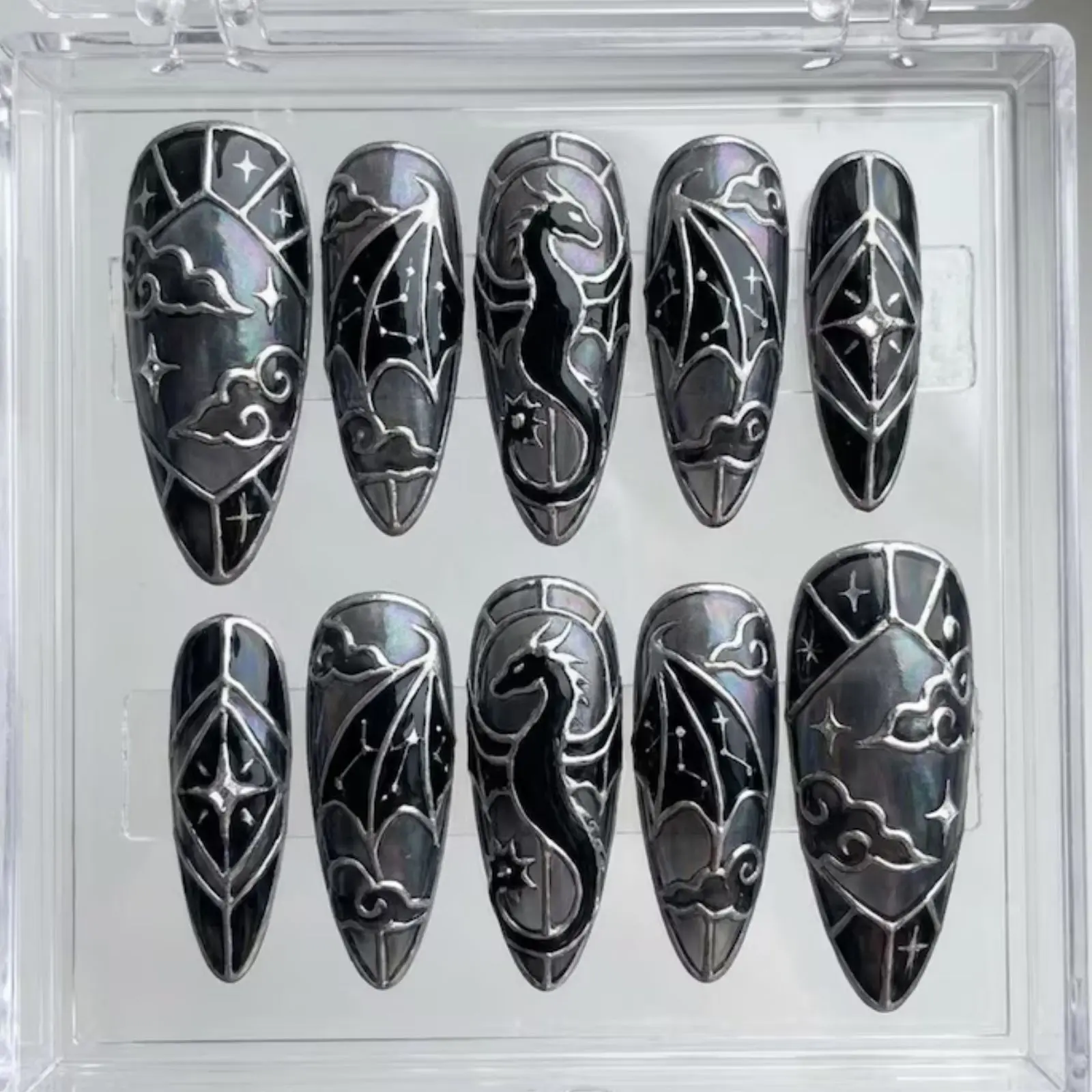 Gothic Celestial Press On Nails | Black Chrome Unicorn Nail Art | Mystical Star & Cloud Handmade Fake Nails | Y2K Fantasy Nail Set
