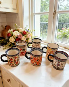 Bohemian Style Ceramic Coffee Cup, Hand-Painted Floral Pattern Mug, Breakfast Cup, Washable and Reusable Ceramic Drinkware, Suitable for Office, Dormitory, and Home Scenarios.