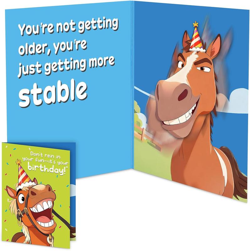 Funny SHAKING & MUSICAL Birthday Cards for Women Men, Hilarious Horse-Themed Pop Up Bday Card with Envelope & Note Card for Friends Coworkers, 5.9 x 7.9 Inches