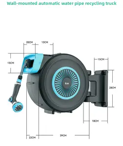 Wall-mounted 180° rotating automatic retractable hose reel, 66 ft x 1/2 inch, dual spray heads; rotating mist nozzle with 8 water modes and a straight water jet nozzle; garden hose reel; freeze protection down to -5°F, sun protection up to 65°F watering t