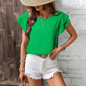 Women's Dark Green Textured Ruffle Sleeve Round Neck Casual Blouse, Summer Short Sleeve Tops for Vacation Streetwear Daily Outings