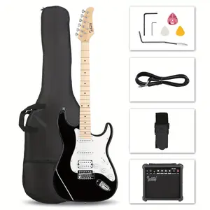 Stylish H-S-S Pickup Electric Guitar Kit with 20W AMP Bag Guitar Strap Black