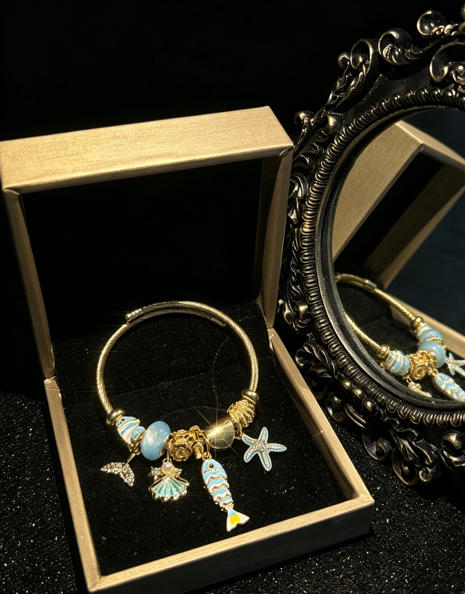 Women's Gold-Tone Ocean Theme Charm Open Cuff Bracelet with Fish, Starfish & Shell Charms, Beach Costume Jewelry Gift