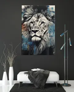 [UNFRAMED POSTER] Lion Abstract Portrait – Bold Mixed Media Canvas Art Print in Blue and Grey Tones, Rolled Wall Decor for Modern Interiors