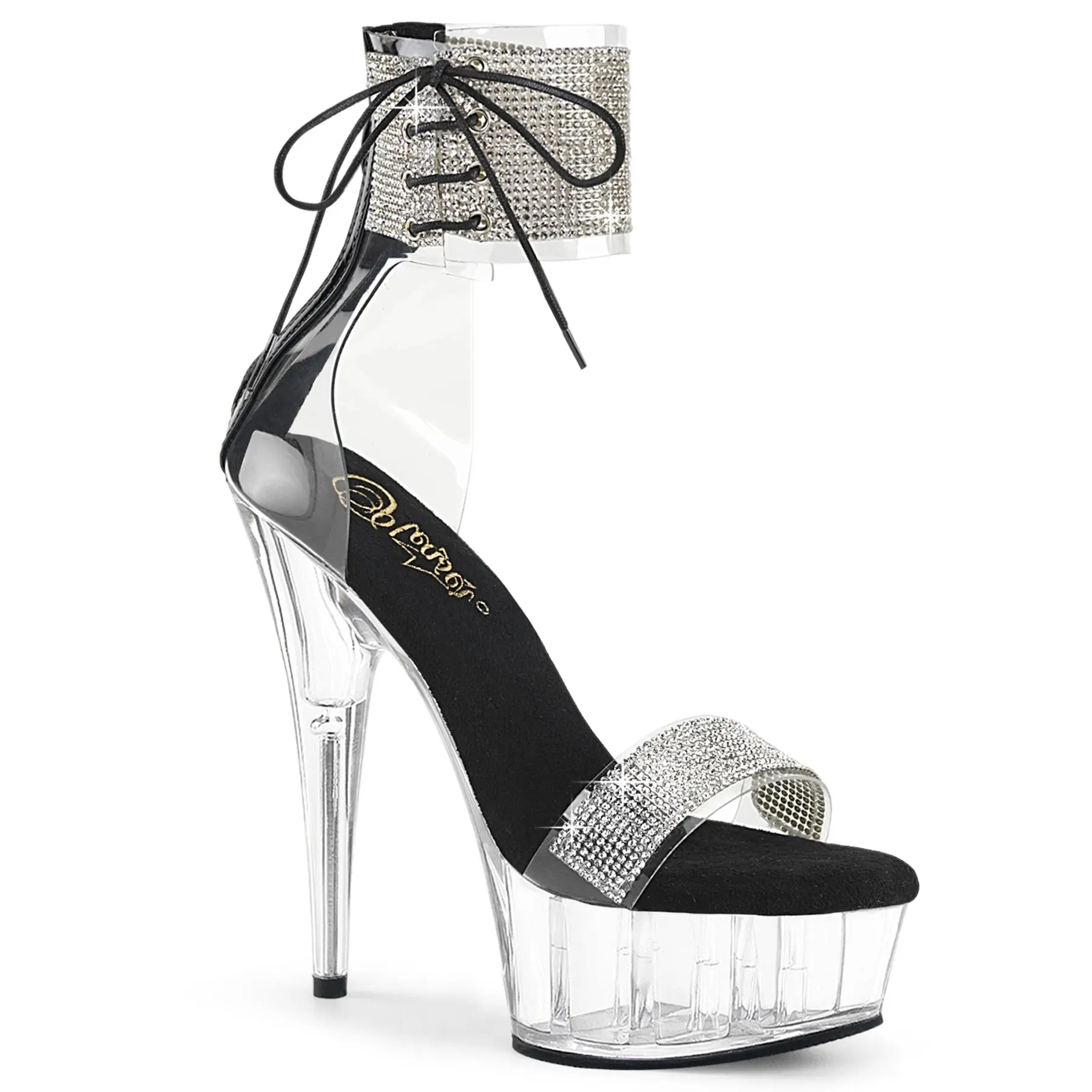 Women's 6-Inch Heel DELIGHT-627RS Black Platform Sandal with Ankle Cuff, Back Zipper Stage Wear for Pole Dance Performances