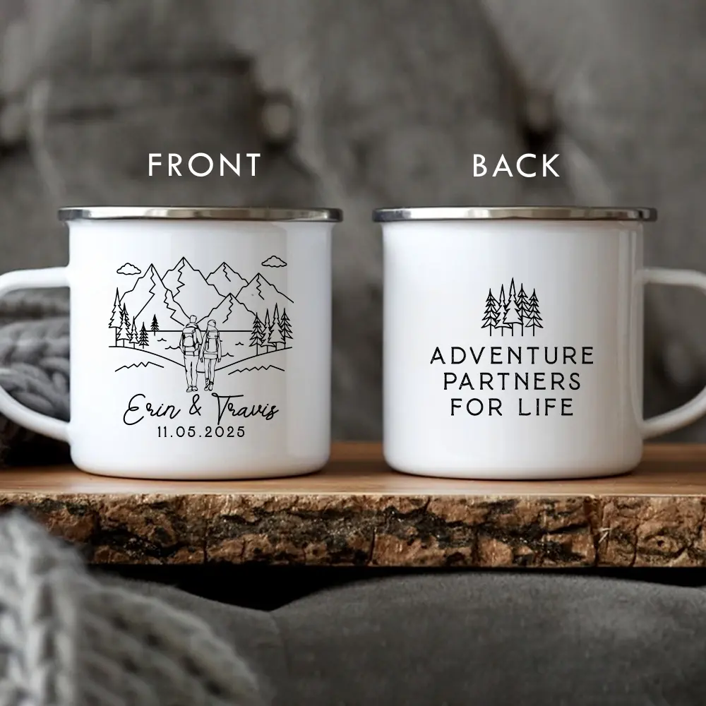 Personalized Camping Couple Mug Adventure Mugs Accent Mug 15OZ 11OZ Custom Couple Mugs Newlywed Gift Engagement Wedding Anniversary Gift TH0764 Enamel Stainless Steel High Quality Ceramic Mug Printed on Both Sides Microwave & Dishwasher Safe Decoration