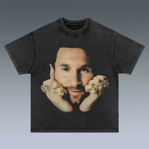 Messi Vintage Soccer Legend Portrait Graphic Tee Washed Black Oversized Retro Football Unisex Streetwear T Shirt