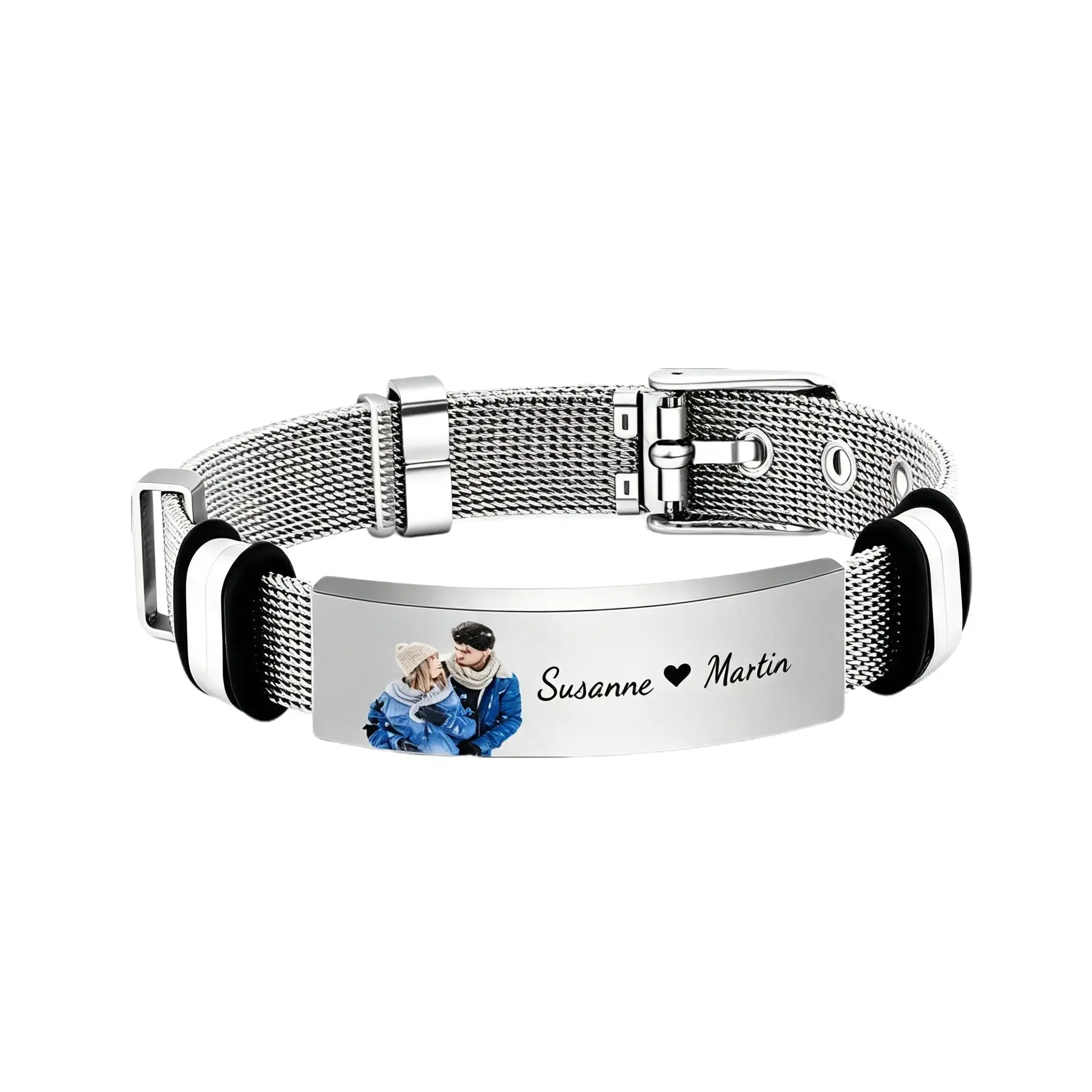 Custom Stainless Steel Mesh Bracelet, Silver Minimal Photo-Engraved Personalized Bracelet for Couples, Anniversary Dating Daily Gift