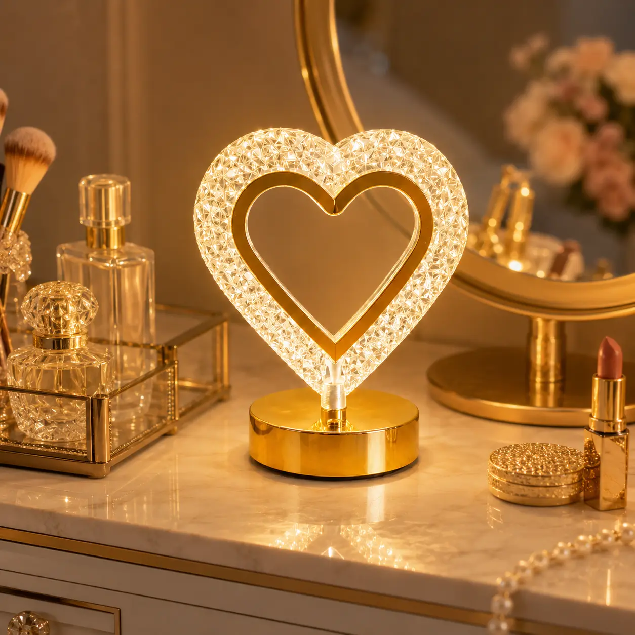 USB rechargeable heart-shaped crystal table lamp, wireless romantic LED night light, 3 lighting modes, gold base decorative lamp, suitable for bedrooms and bedside areas, ideal for Valentine’s Day, anniversaries, and as a gift