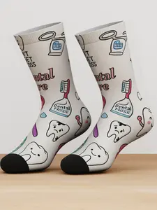 One Pair Tooth Care Themed Bamboo Fiber Mid-Calf Socks, Cute Cartoon Teeth and Dental Floss Design, Fun Gift for Dentists and Students