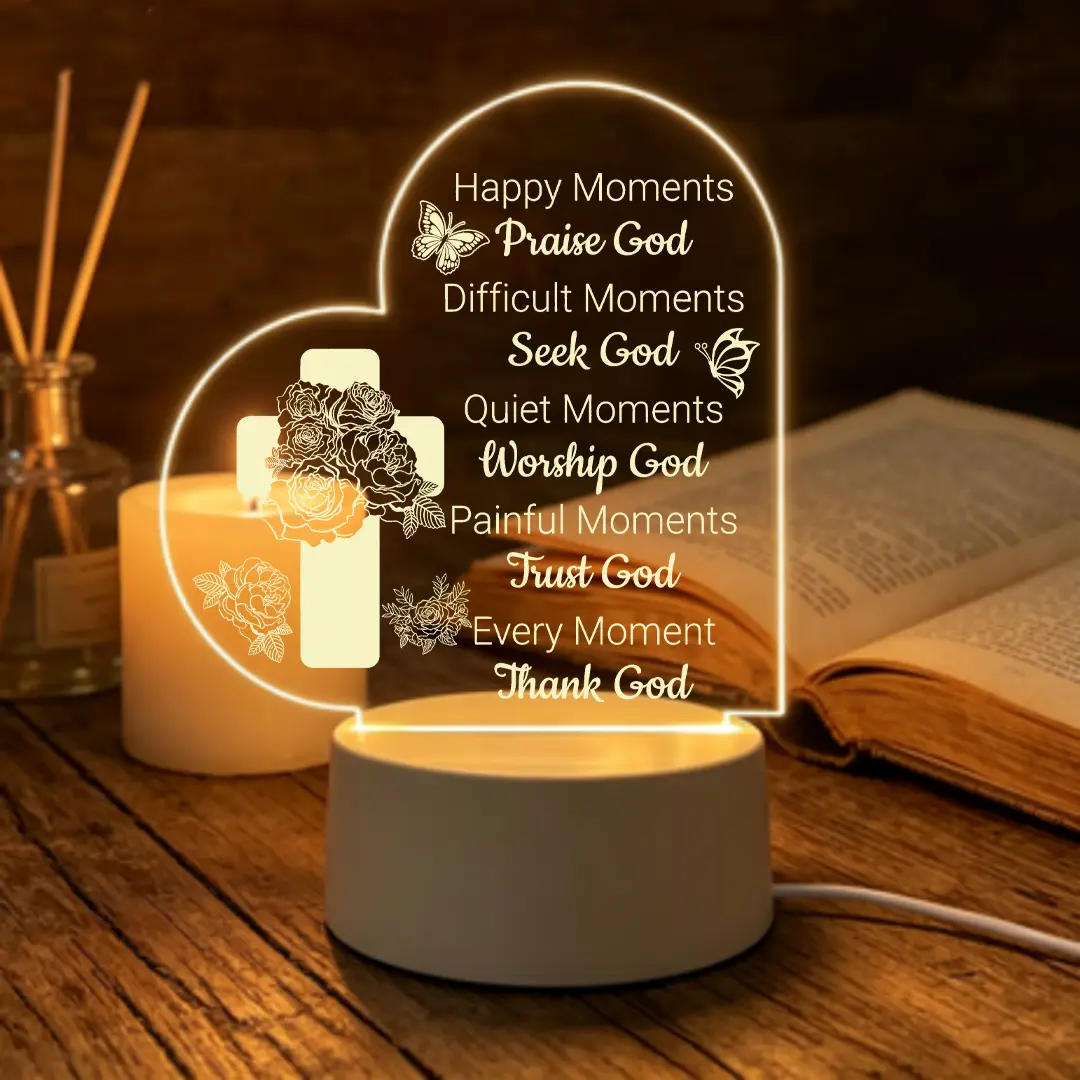 Christian Heart Night Light - Cross & Floral Engraved "Praise God" Inscribed USB-Powered Warm Light LED Lamp, Church Religious Decoration Gift for Believers, Bedroom Home Decor