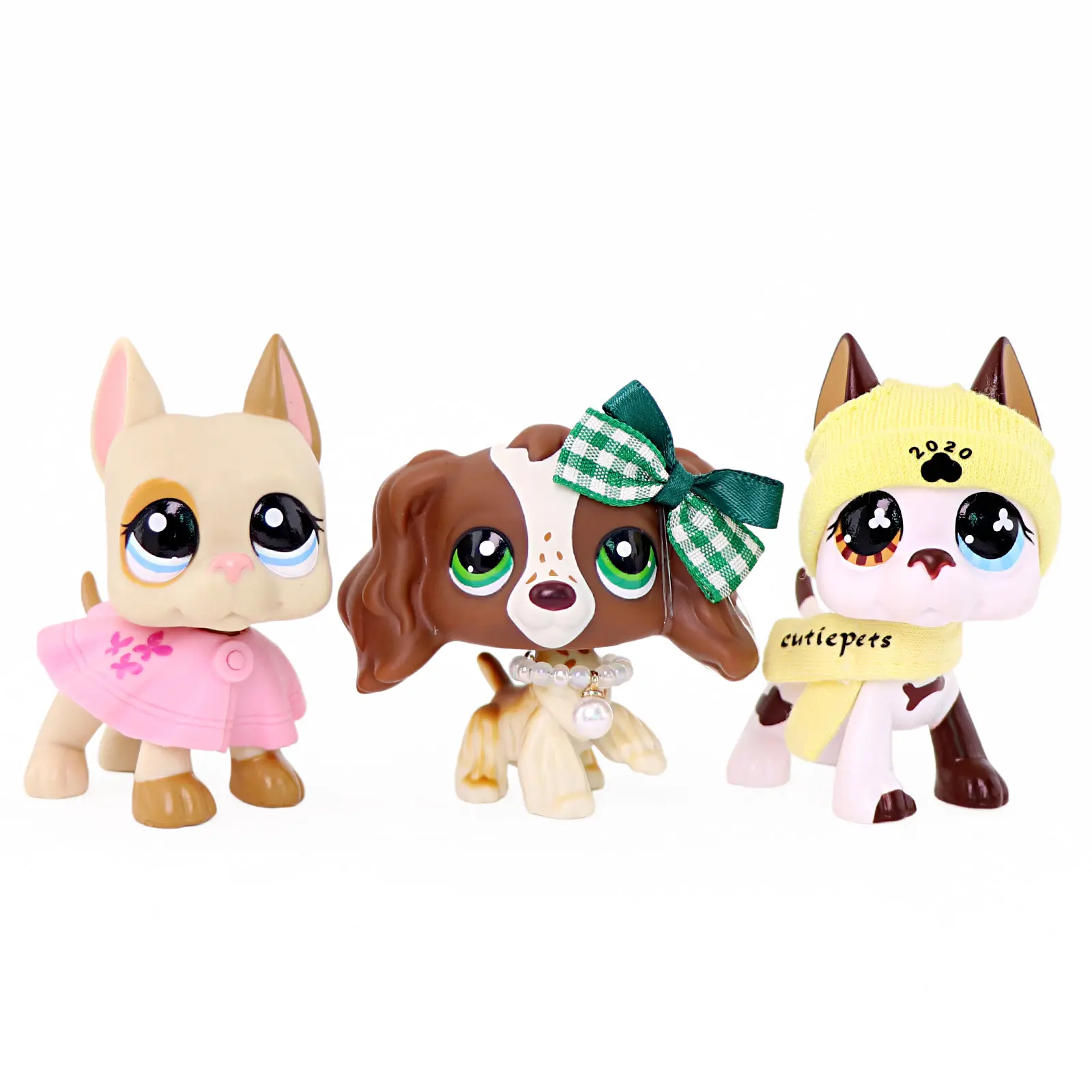 3 Pcs Cute Mini Puppy Figurines Set, Kawaii Cartoon Dog Figures with Dress, Plaid Bow, Pearl Necklace, Knit Hat & Scarf Accessories, Small Animal Collectible Toy, Cake Topper, Desk Decor, Girls Kids Birthday Gift