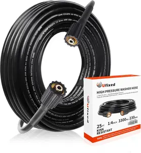 1/4 Pressure Washer Hose 25FT 3300 PSI, Ufixed Power Washer Hose Brass Fitting M22 14MM Non Marking High Pressure Washer Replacement Hose Light Weight Water Pressure Hose