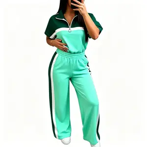 Women Color Block Half Zip Tracksuit Set Short Sleeve Top & Striped Wide Leg Pants 2 Piece Outfit