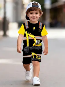Exciting Excavator-Themed Workwear Set for Kids, Graphic Print Set, Eye-Catching and Colors, Casual Fitted for All Seasons, Street