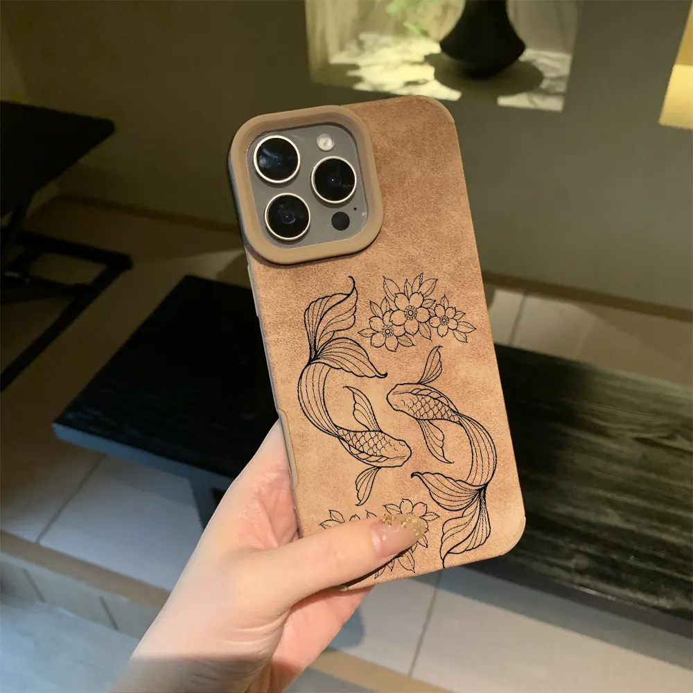 Vintage Koi Fish & Floral TPU Leather iPhone Case - Anti-Fingerprint Shockproof Soft Case for iPhone 17/16/15 Pro Max/14 Plus/13/12/11 Pro/Air
