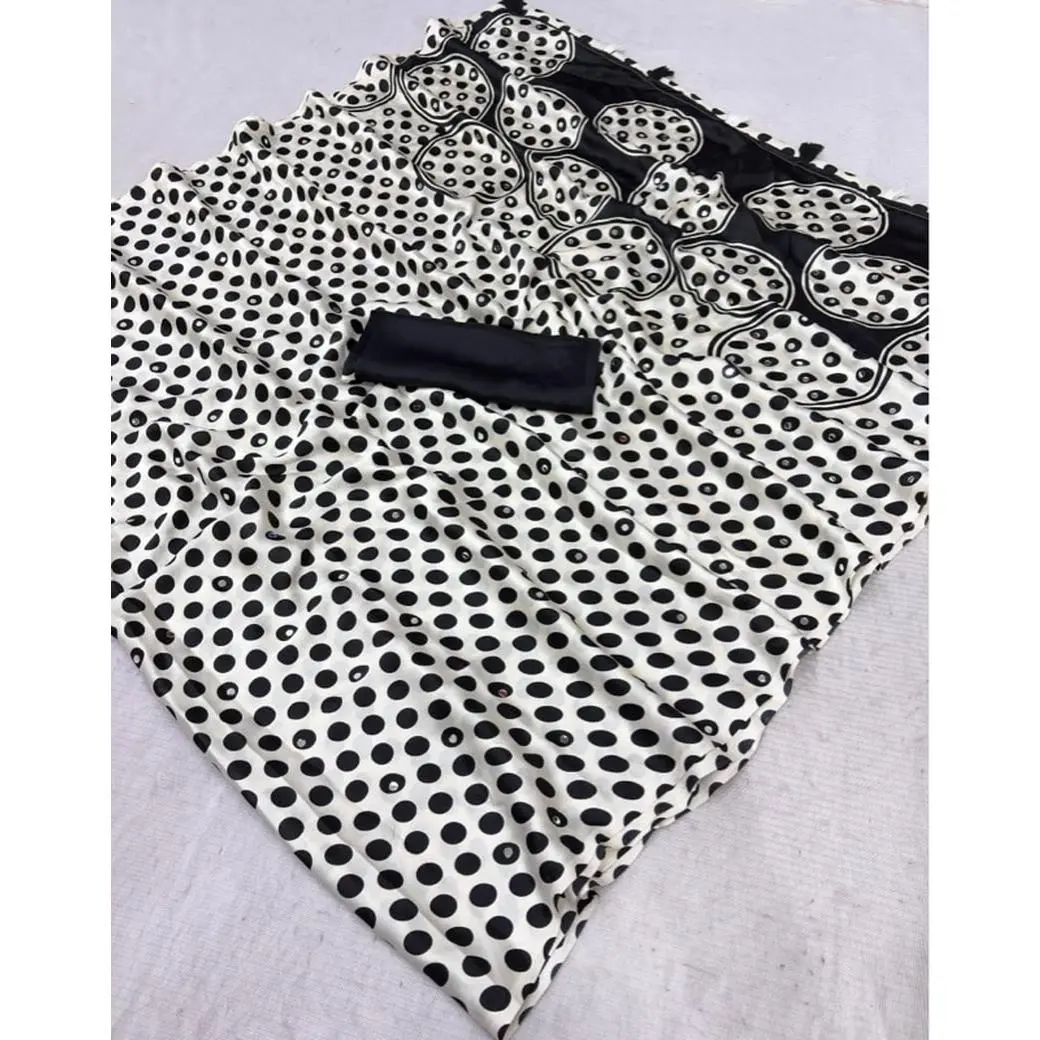 Japan sattin With original mirror work With beautiful latkan Black White Red Polka Dot Scarf with Black Border and White Background