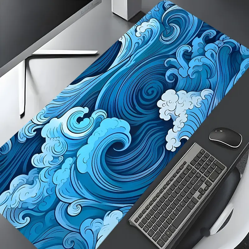 Japanese Ocean Art Blue Wave Design Large Gaming Mouse Pad,Aesthetic Desktop Drotection Pad,Washable Rubber Pad Non-Slip Lock Edge Multi-Size Mouse Pad Suitable For Home Office,Good Gift for Family and friends,Desktop Accessory,Aesthetic Desk Accessories