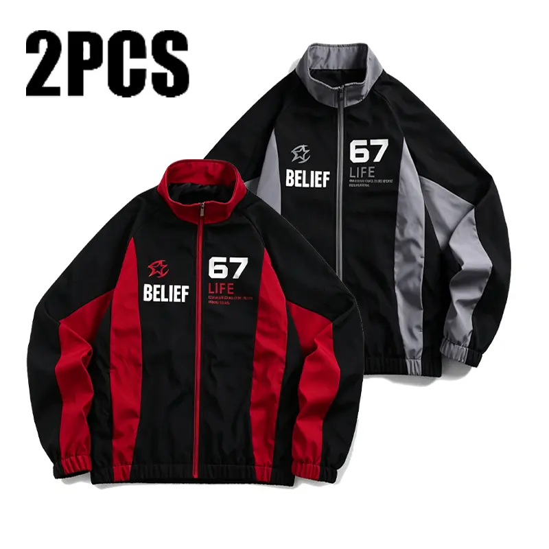 2 Pack Men's Vintage Racing Jacket Color Block Stand Collar Full Zip Up Windbreaker Oversized Streetwear Fall Casual Moto Jacket