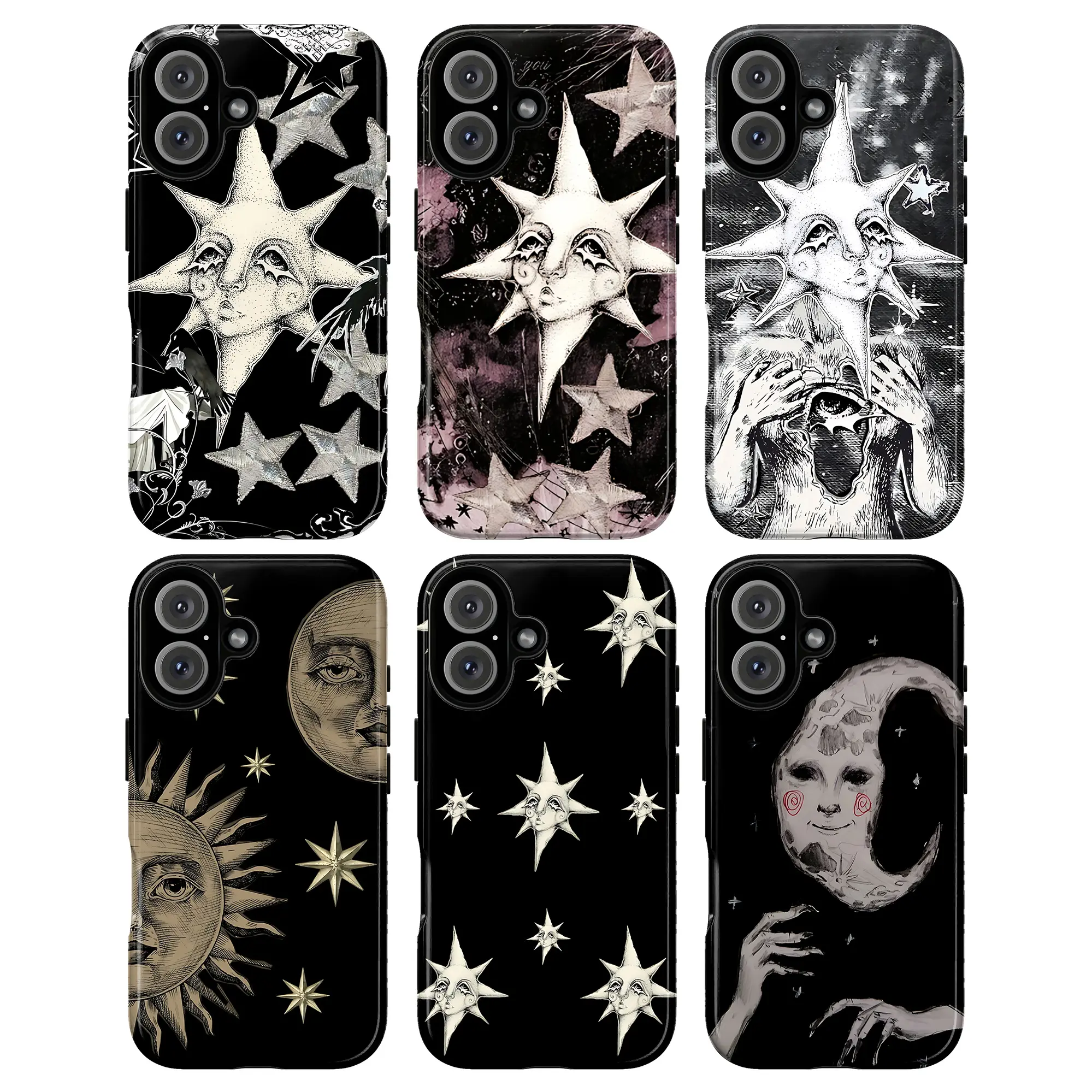 Celestial Sun Moon Phone Case – Dark Gothic Star Face Aesthetic Cover for iPhone 17 16 15 14 13 12 11 Pro Max & Samsung Galaxy S23 S22 S21 | Vintage Astrology Art, Witchy Cosmic Design, Alternative Grunge Gift for Her
