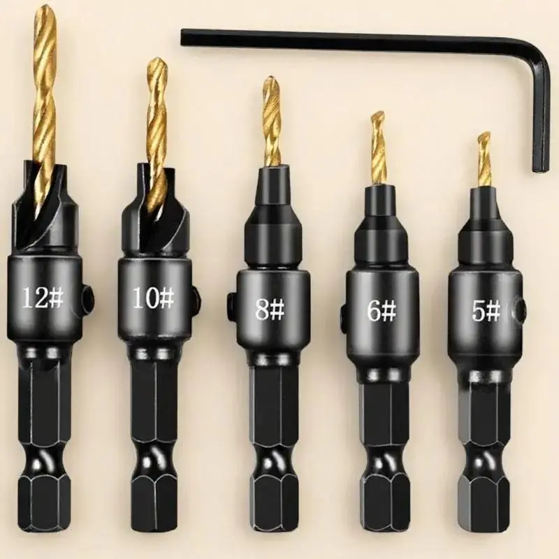 5PCS Adjustable Depth Countersink Drill Bit Set with Depth Stop, Professional Woodworking Tool for Wood, Solid Wood/MDF Projects