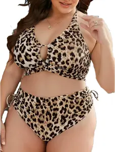 Women's Plus Size Leopard Print Halter Cutout Tummy Control 2-Piece High Waisted Tie Side Bikini Set, Plus Size Swimwear, Tummy Control Two-Piece Bikinis Set