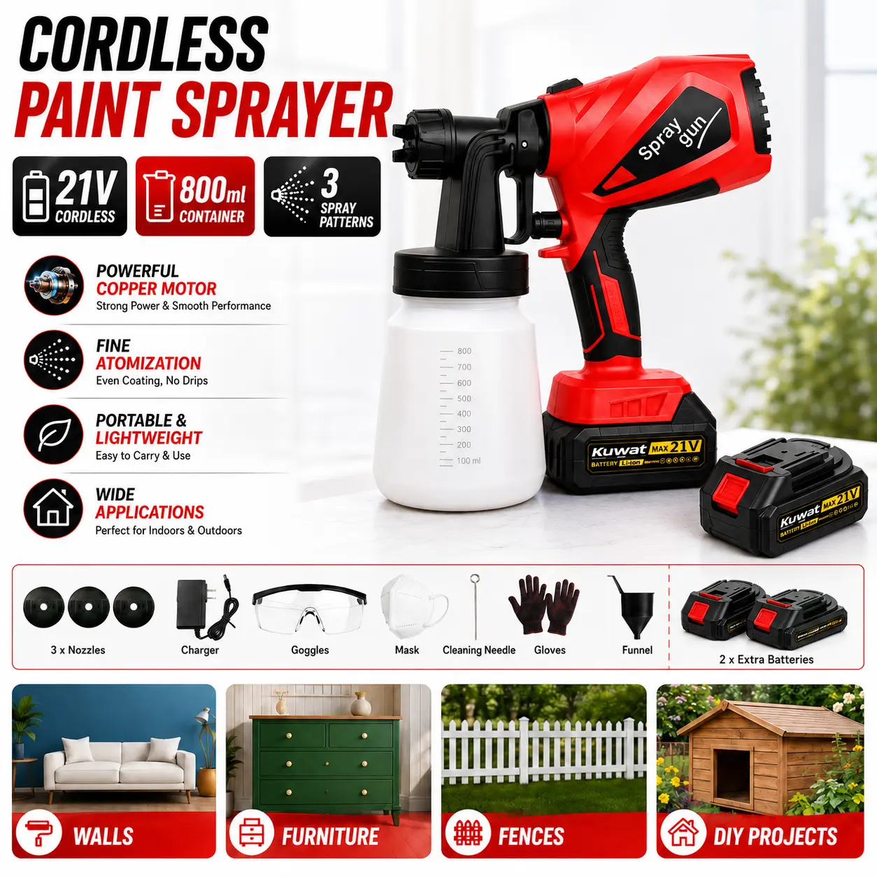 Kuwat Cordless Electric Paint Sprayer, HVLP Spray Gun with 3 Spray Patterns, 800ml Large Paint Container and Adjustable Flow for Furniture, Cabinets, Walls, Fences, Cars and DIY Home Projects