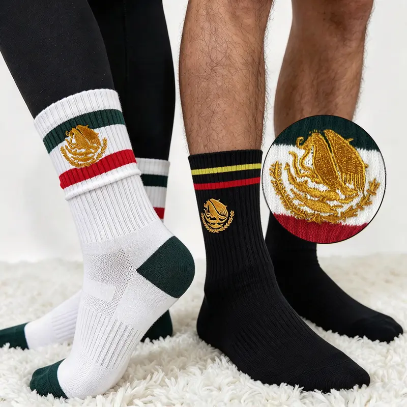 Mexican Crew Socks with Gold Embroidered Eagle, Striped Casual Streetwear Socks for Men & Women, Mexican Pride Gifts, Stocking Stuffers