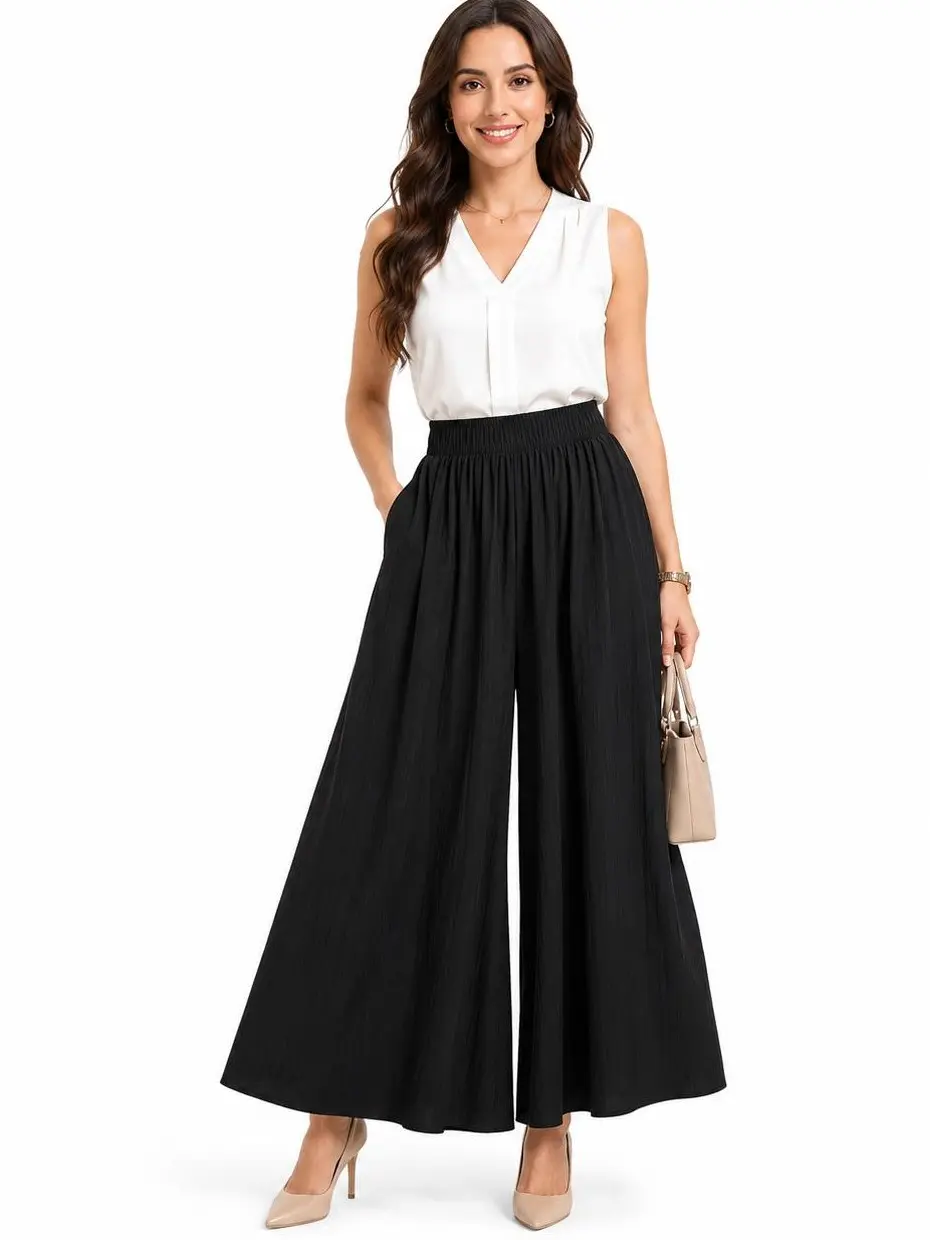 Women's Elegant Basic Palazzo Trousers - High Waist, Flowy Wide Leg Work Pants with Elastic Waist and Pockets, Bottoms, Basics, Modest, Pants For Women, Office Work Clothes, Loose Fit Wide Leg Pants, Oversized Stretchy Pants