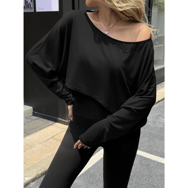 Womens Off The Shoulder Cropped Tops Batwing Long Sleeve Loose Fit Summer Boat Neck Workout T Shirts Womens Off The Shoulder Cropped Tops Batwing Long Sleeve Loose Fit Summer Boat Neck Workout T Shirts