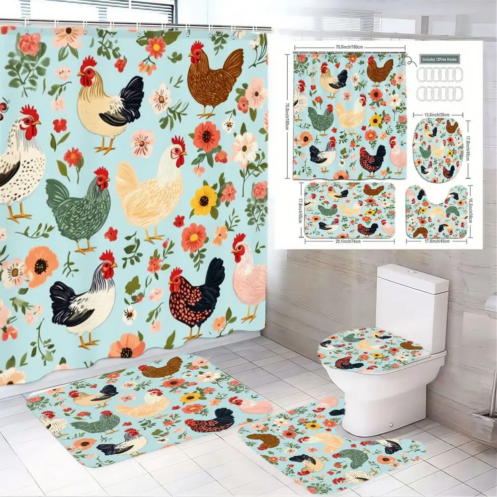 1/4pcsChicken & Flowers Bathroom Decor Set, Bathroom Decor And Accessories - Light Blue Shower Curtain Sets Bathroom Supplies with Bath Mat, Toilet Seat Cover & Lid - Spring Easter Decor for Modern Bathroom, Chicken & Flower Pattern Linens