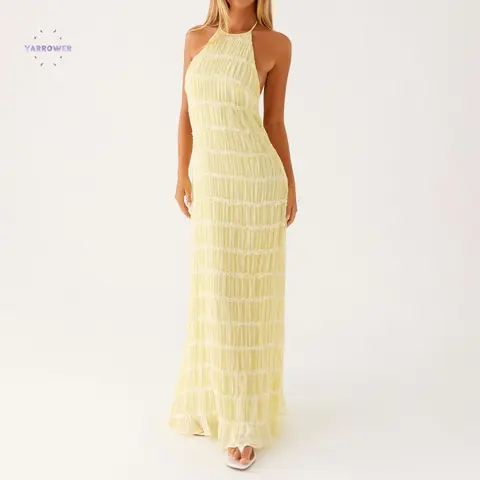 Women's Basic Fit Polyester-Elastane Halter Neck Ruched Sleeveless Backless Solid Color Bodycon Long Dress - Machine Washable Casual Wear, Cocktail, Party, Cruise Outfits for Women