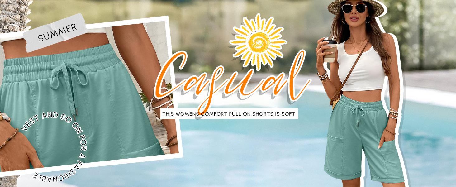 Women's Bermuda Long Shorts Summer 8'' High Waisted Casual Sports Short Elastic Drawstring Pull On Short with Pocket