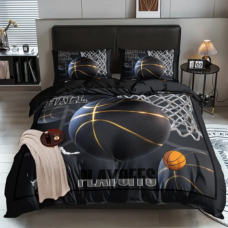 Polyester 3PCS Sports Basketball Duvet Cover Set - 1 Duvet Cover + 2 Pillowcases (Pillow Inserts Not Included), All Seasons, High-Definition Print, 3-Piece Option for Home Dormitory, Other Patterns Available, Synthetic, Three Pieces