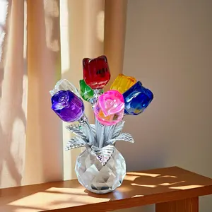 Handmade Colorful Rose Crystal Sculpture Decorative Vase, Perfect Gift for Valentine's Day, Mother's Day, Father's Day, Elegant Home and Office Decor