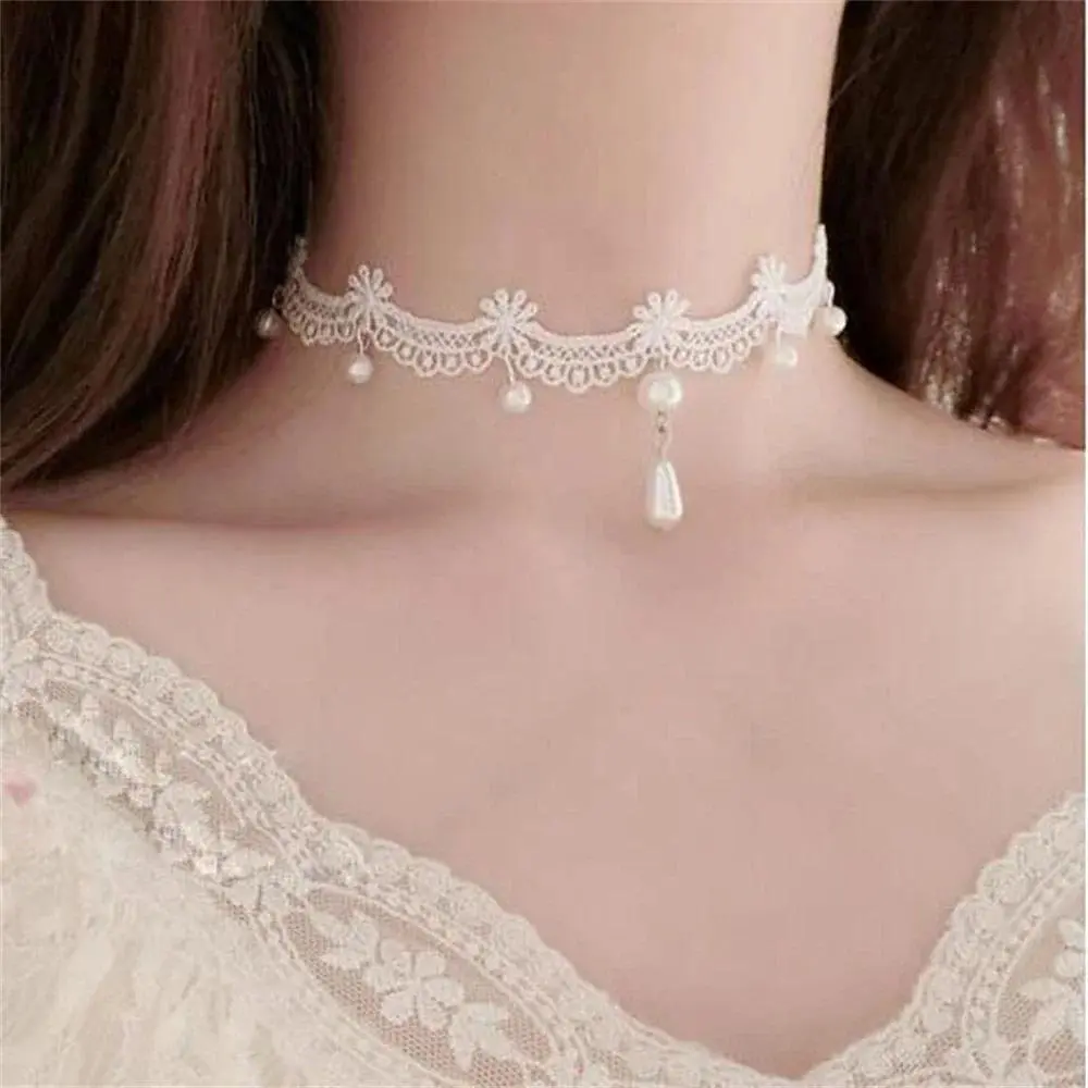 Women's Sweet White Lace Choker Necklace - Elegant Kpop Style Costume Jewelry with Artificial Pearl Accents, Ideal Gift for Kpop Fans for Party & Anniversary