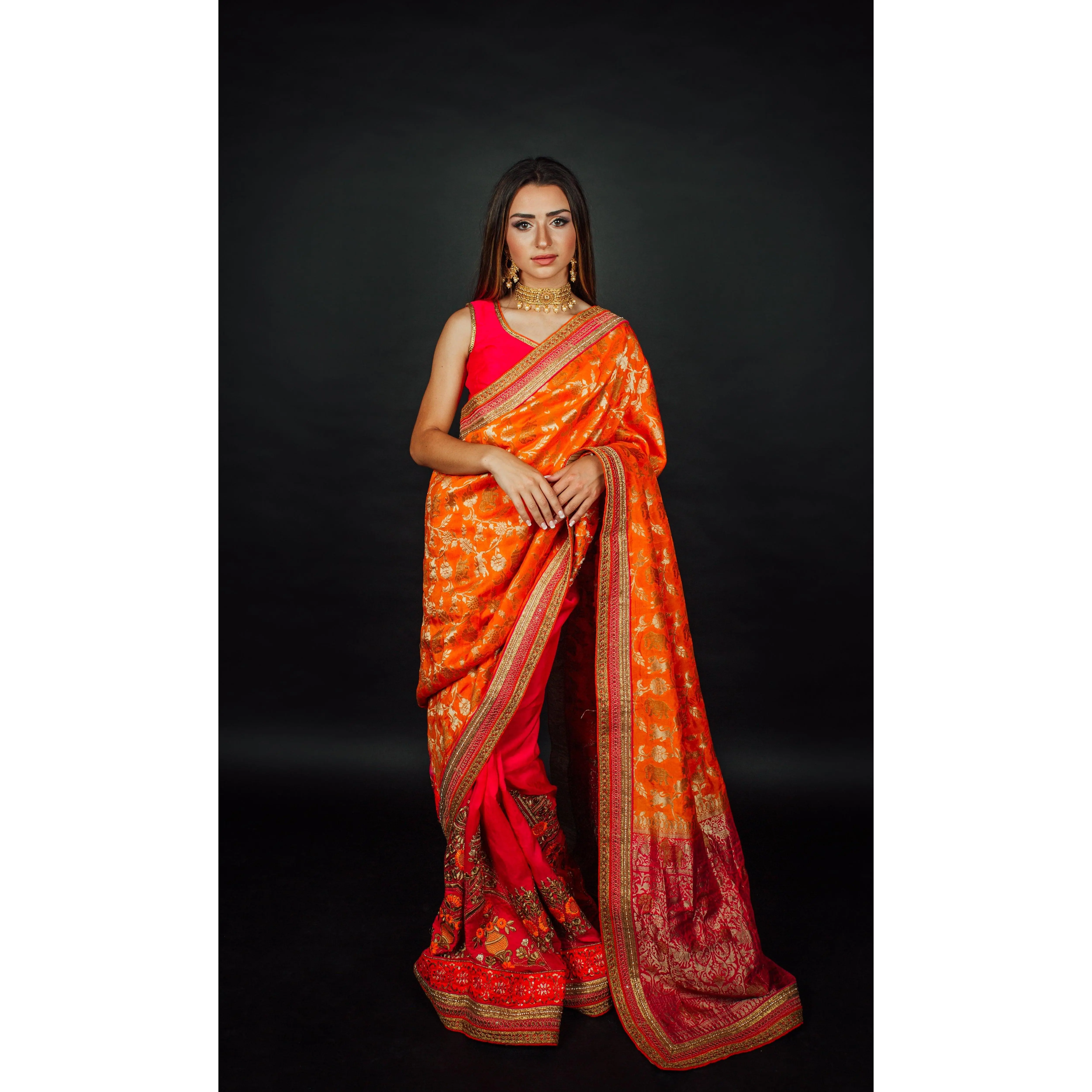 Orange Shaded Banarasi Silk Saree With Blouse