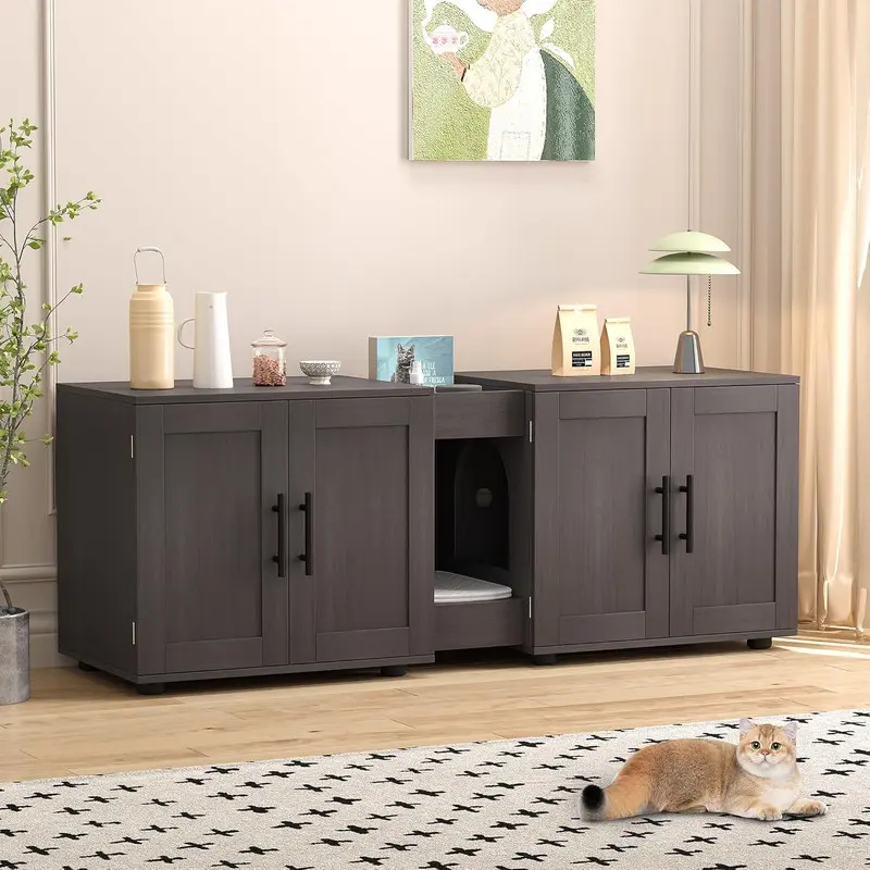 Walnut Finish Large Wooden Enclosed Cat Litter Box Enclosure Integrated Furniture - 55inL x17.7inW x22.5inH Double-Room Storage Organizer, Ventilated, Easy Access, Odor Control, Waterproof Clean, TV/Coffee Table Use, 55”L X 17.7”W X 22.5”H