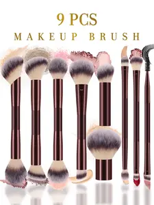 9pcs Facial Makeup Brush Set, including a loose powder brush, a finger foundation brush, a contour brush, a concealer brush, a highlighter brush, a double-ended eyebrow brush and an eyelash curler. It's a makeup tool gift for women and girls.