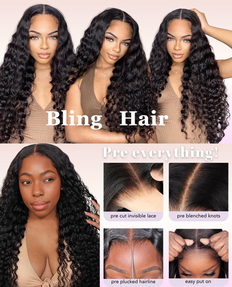 Bling Hair 13x6 Deep Wave Curly Wigs Human Hair Pre Plucked Pre Cut HD Lace Wigs Ready and Go 13x4 Glueless With Drawstring One-Step 13x6 HD Frontal Lace Curly Wave Wig Natural Hairline