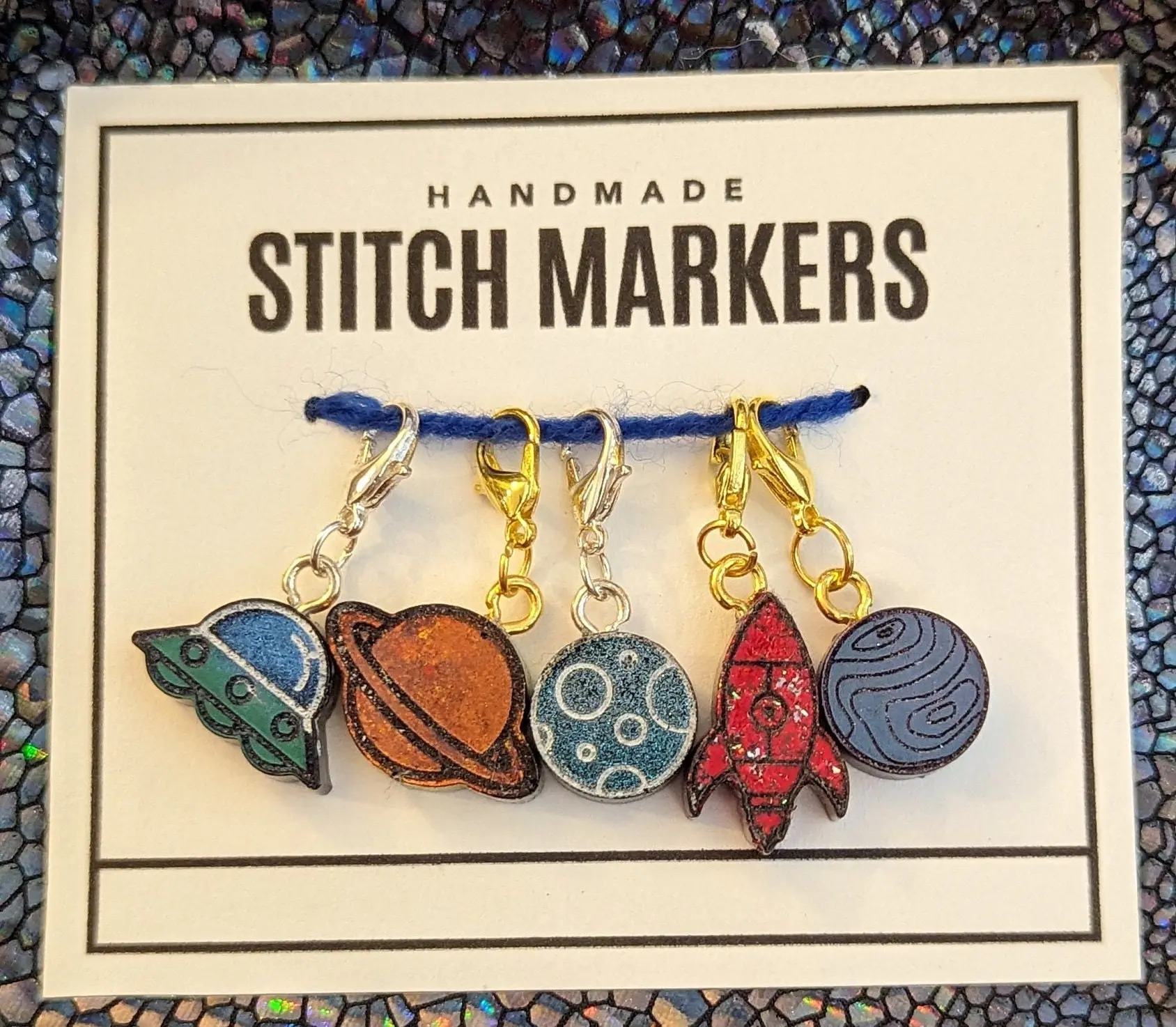 Outer Space Stitch Markers - Set of 5 Astronomy Progress Keepers with Holographic Glitter for Knitting and Crochet